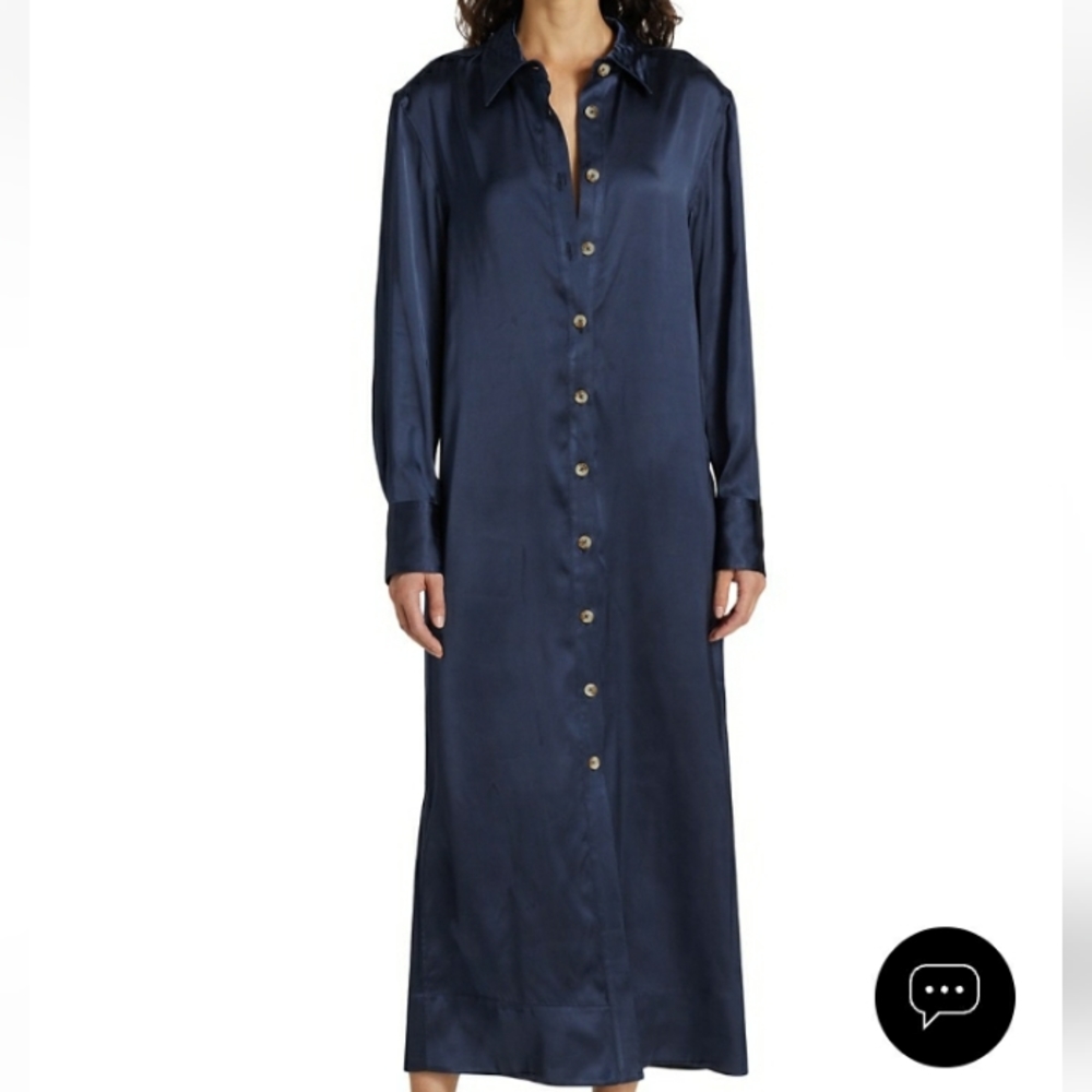 Loulou Studio Satin Long Sleeve Shirtdress Navy Blue Medium